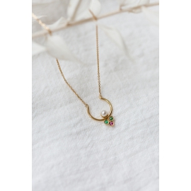 Gold Necklace with pearl, emeralds and pink sapphire