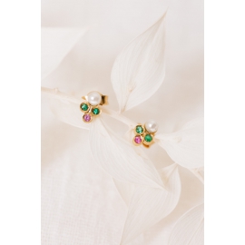 Gold Stud earrings with pearls, emeralds and pink sapphires